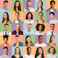 Happy Faces. Set Of Smiling Multicultural People Posing Over Bright Backdrops Royalty Free Stock Photo