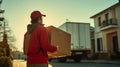 Happy fair delivery man in uniform carrying huge box to doorstep of house , blurred huge delivery truck in background Royalty Free Stock Photo