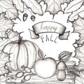 Happy fall. Concept of the holiday of autumn and harvest. Hand drawing. The leaves of the trees are maple, oak. Pumpkin, apple, mu Royalty Free Stock Photo