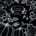 Happy fall. Concept of the holiday of autumn and harvest. Hand drawing. The leaves of the trees are maple, oak. Pumpkin, apple, mu Royalty Free Stock Photo