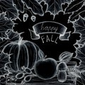 Happy fall. Concept of the holiday of autumn and harvest. Hand drawing. The leaves of the trees are maple, oak. Pumpkin, apple, mu Royalty Free Stock Photo