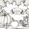 Happy fall. Concept of the holiday of autumn and harvest. Hand drawing. The leaves of the trees are maple, oak. Pumpkin, apple, mu Royalty Free Stock Photo