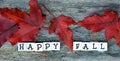 Happy Fall letter blocks on weathered wood background