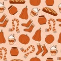 Happy fall seamless pattern with autumn cosy elements on begie