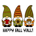 Happy Fall You All. Gnomes with a apple, sunflower, mushroom. Thanksgiving Day. Vector illustration
