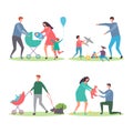 Happy families with kids and dogs. Mothers and fathers walking and playing with children in the city park vector