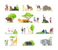 Happy families, kids with parents and wild zoo animals in wildlife park. Vector cartoon set isolated on white background Royalty Free Stock Photo