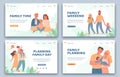 Happy families landing pages. Active parents and child on vacation. Website for family planning, healthy life and