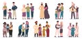 Happy families. Large families together, mom, dad and children, smiling mother, father and kids vector illustrations