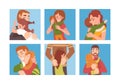 Happy families portraits set. Parents and kids embracing kids cartoon vector illustration