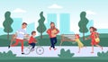 Happy families walking in park. Parents and kids having good time outdoors cartoon vector