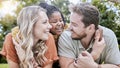 Happy family, adoption and child hug parents while relax together, bonding and enjoy outdoor quality time on park field Royalty Free Stock Photo