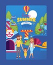 Happy family in amusement park, vector illustration. Parents with children on holiday together having fun at fairground