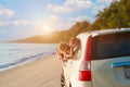 Happy family Asian with driving trip car travel having fun together on the beach in summer holiday vacation Royalty Free Stock Photo