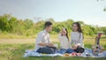 Happy family asian and little girl playing the toy airplane and have enjoyed ourselves together