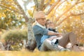Happy family asian senior couple retirement sitting and hugging smile in nature Royalty Free Stock Photo