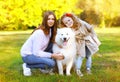 Happy family autumn, portrait pretty young mother and child walk