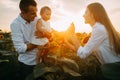 Happy family with baby has a fun and plays in the sunflower field Royalty Free Stock Photo