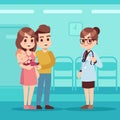 Happy family with baby and pediatrician doctor. Pediatric care vector cartoon concept