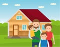 Happy family in the background of his home. Father, mother, and two son together outdoors. Royalty Free Stock Photo