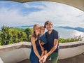 Happy family on the background Tropical beach landscape panorama. Beautiful turquoise ocean waives with boats and sandy coastline Royalty Free Stock Photo