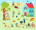 Happy family at backyard party, together grandparents,mother, father and children outdoor near country house vector