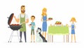 Happy family at the barbecue - modern cartoon people characters illustration Royalty Free Stock Photo