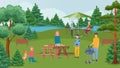 Happy family barbecue party, bbq and people on picnic with grilled food in nature vector illustration. Royalty Free Stock Photo