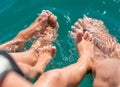 Happy family. Bare feets in the water of the sea boy, mother, father. Positive human emotions, feelings, joy. Funny cute child