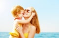 Happy family on beach. baby daughter kissing mother Royalty Free Stock Photo