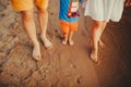 Happy family on the beach. Closeup of family feet with boy baby walking on sand. Man and woman holding their baby. Walk by the Royalty Free Stock Photo