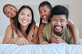 Happy family, bed and girl with mother, father and sister in a bedroom for fun, bond and rest together. Face, portrait Royalty Free Stock Photo