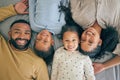 Happy family, bed and portrait of children relax or happy with parents together in the morning in a bedroom. Smile, dad Royalty Free Stock Photo