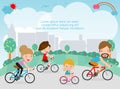 Happy family on bicycles. Healthy cycling with kids in park, Father mother, son and daughter are riding on bicycles background Royalty Free Stock Photo