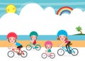 Happy family biking on summer holidays, Husband and Wife with Children Spend Time Cycling on Background Sea Vector illustration. Royalty Free Stock Photo