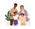 Happy family with biracial parents and kids. Stepmother and stepfather with son and daughter. Couple of wife and husband