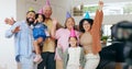 Happy family, birthday hats and photography for party, children and parents. House, grandparents and celebration with Royalty Free Stock Photo