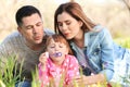 Happy family blowing soap bubbles in park Royalty Free Stock Photo