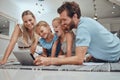 Happy family, bonding or lying children on tablet in house or home living room on social media website, video call or Royalty Free Stock Photo