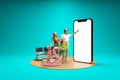 Happy family booking summer vacation trip using 3d model of phone with empty white screen isolated on blue background