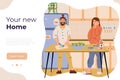 Real estate agency web banner. Cheerful young couple cooking in kitchen of their new home. Royalty Free Stock Photo