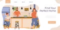 Real estate agency vector banner template Cheerful young couple with kid cooking in kitchen of their new home. Royalty Free Stock Photo