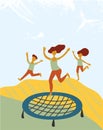 Happy family bouncing on the trampoline. Mother with two children having fun jumping on the trampoline. Country life Royalty Free Stock Photo