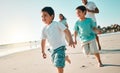 Happy, family and boys on a beach, running and summer vacation for bonding, loving and quality time. Run, mother and Royalty Free Stock Photo