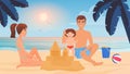 Happy family build sand castle together, playing with sand in sandbox tropical beach