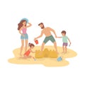 Happy family building sandcastle, beach family activity Royalty Free Stock Photo