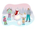 Happy family are building snowman. Vector illustration concept Royalty Free Stock Photo