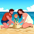 A happy family builds a sand castle on the beach on a sunny day