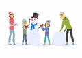 Happy family builds a snowman - cartoon people characters illustration