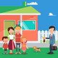 Happy Family Buying a New House. Real Estate Agent with Keys from House. Vector